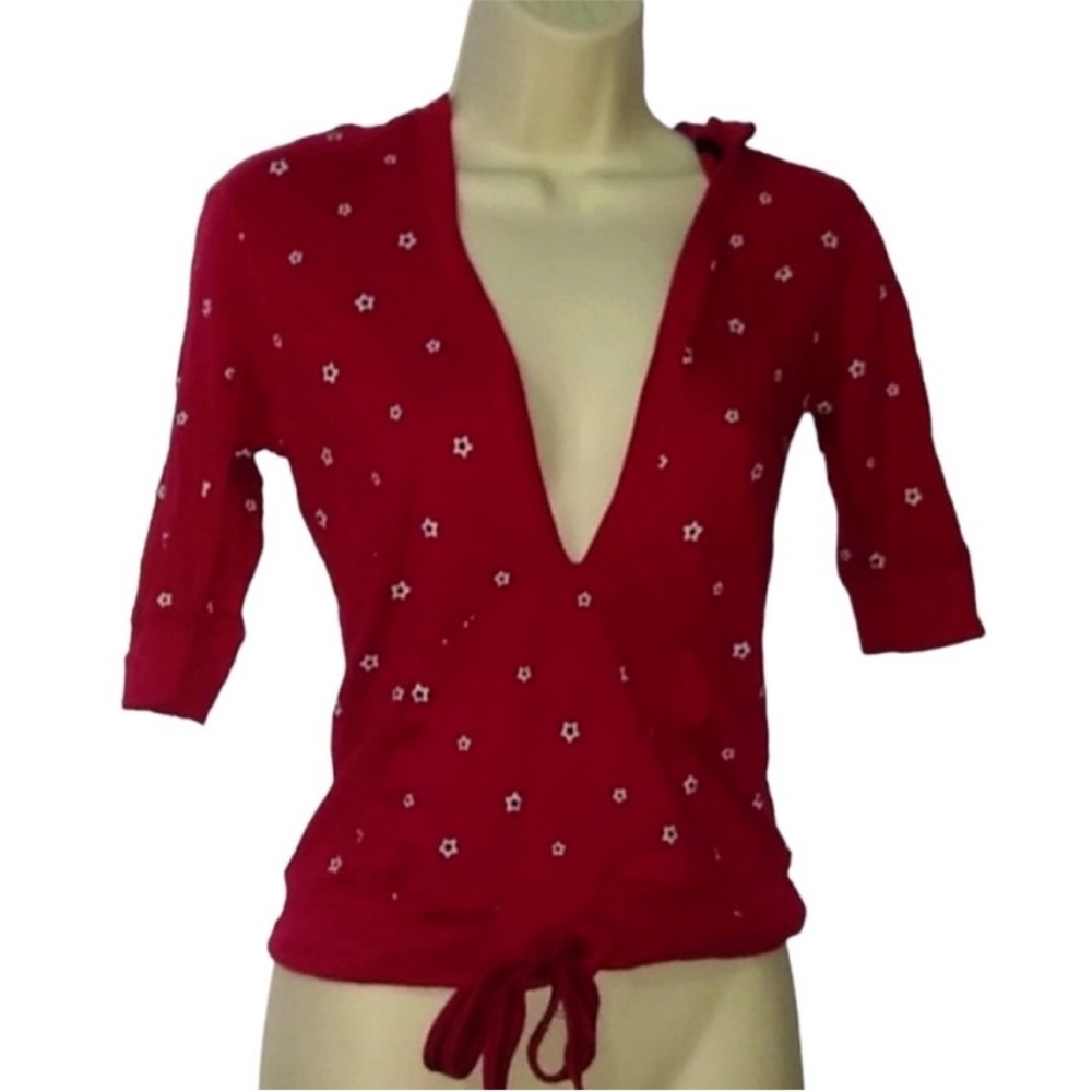 Energie Red Vintage Cotton Top Hoodie with Printed Stars Medium